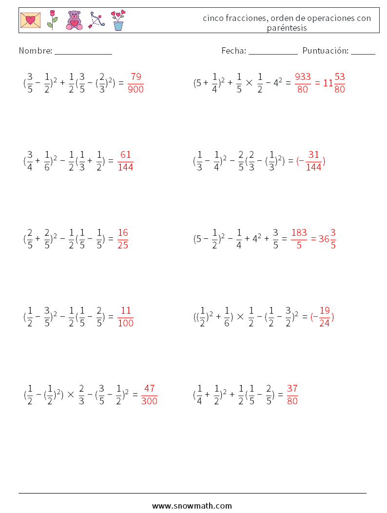 (10) cinco fracciones, orden de operaciones con paréntesis Hojas de trabajo de matemáticas 16 Pregunta, respuesta