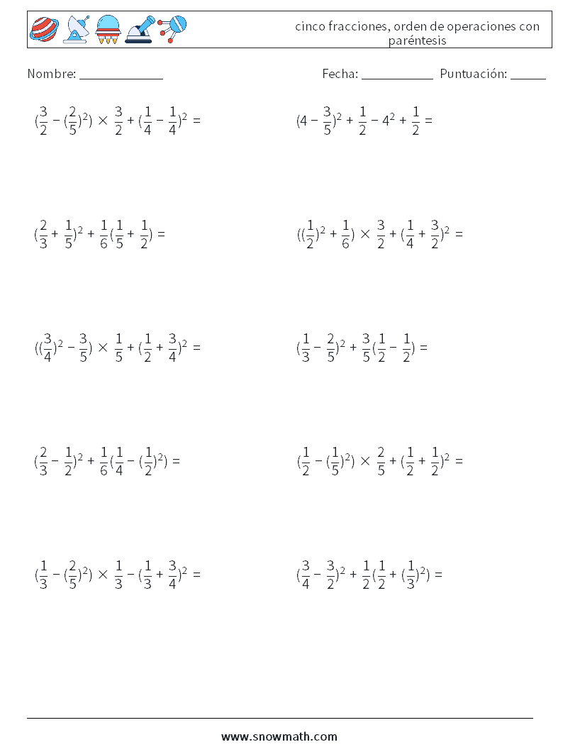 (10) cinco fracciones, orden de operaciones con paréntesis Hojas de trabajo de matemáticas 4