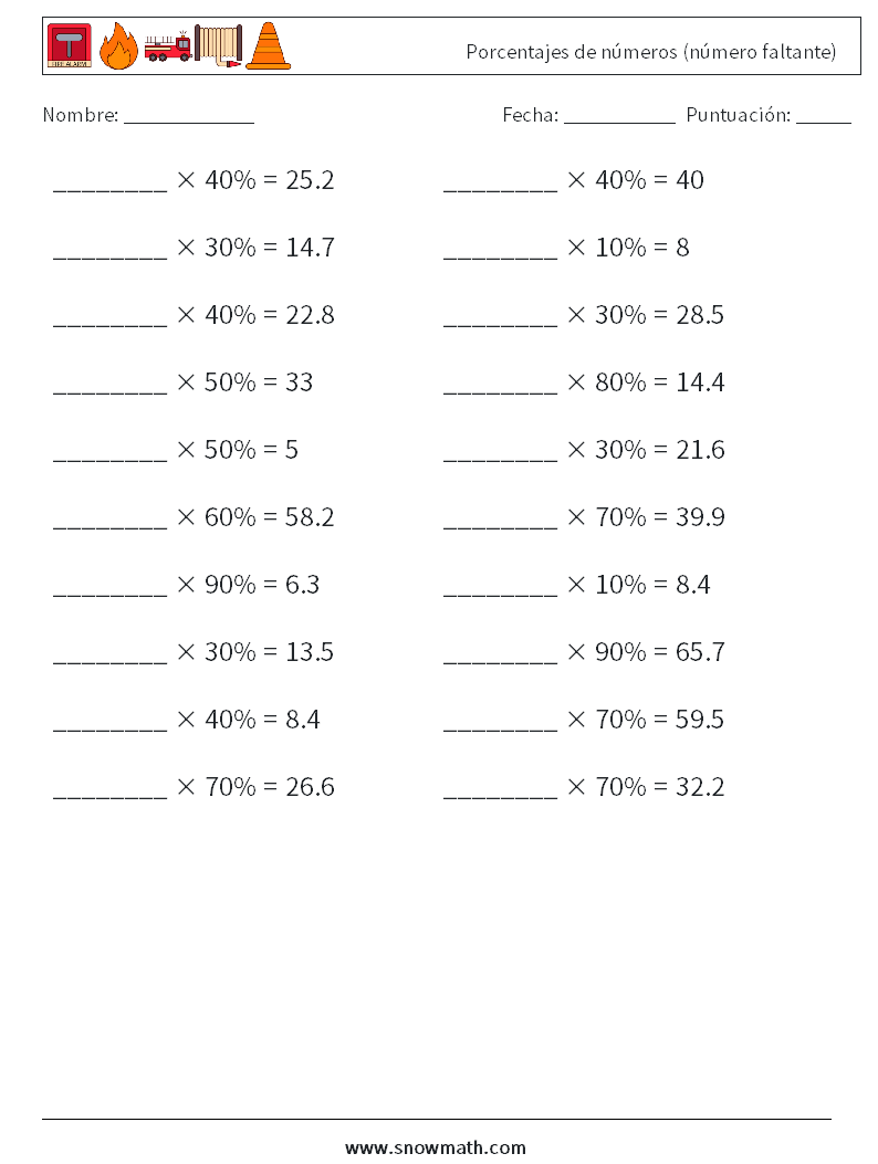 Porcentajes de números (número faltante) Hojas de trabajo de matemáticas 5