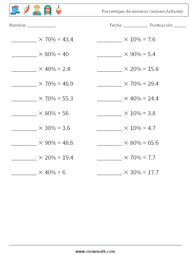 Porcentajes de números (número faltante) Hojas de trabajo de matemáticas 9