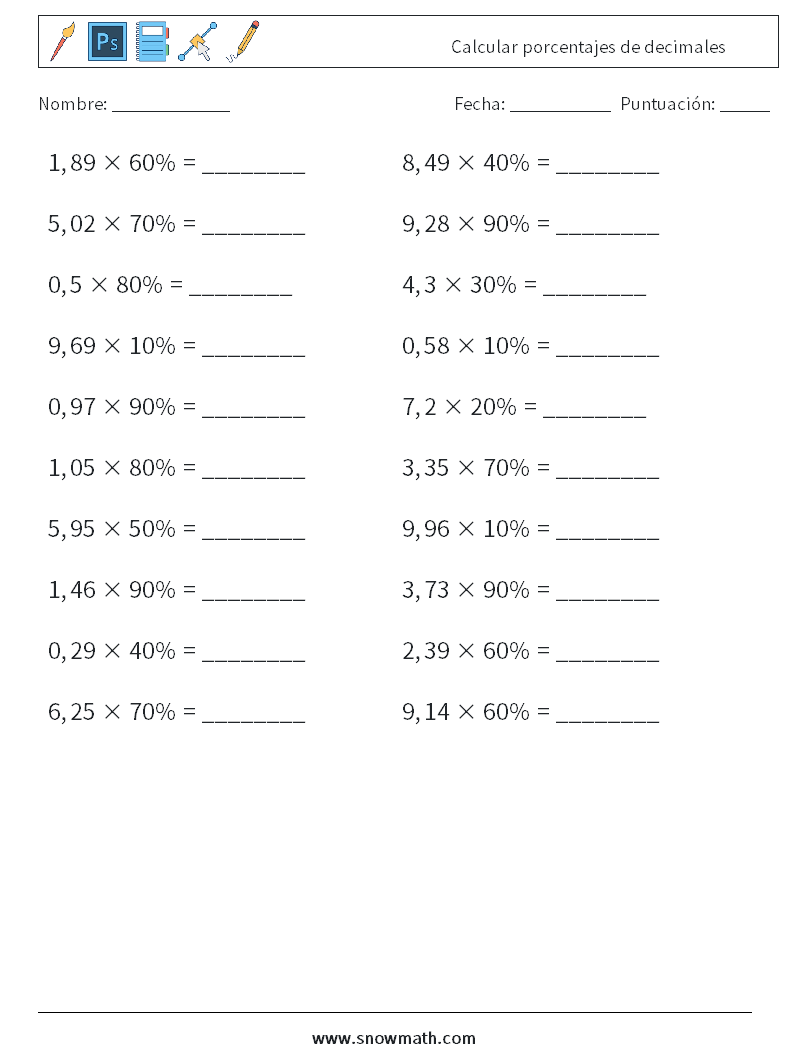 Calcular porcentajes de decimales Hojas de trabajo de matemáticas 2