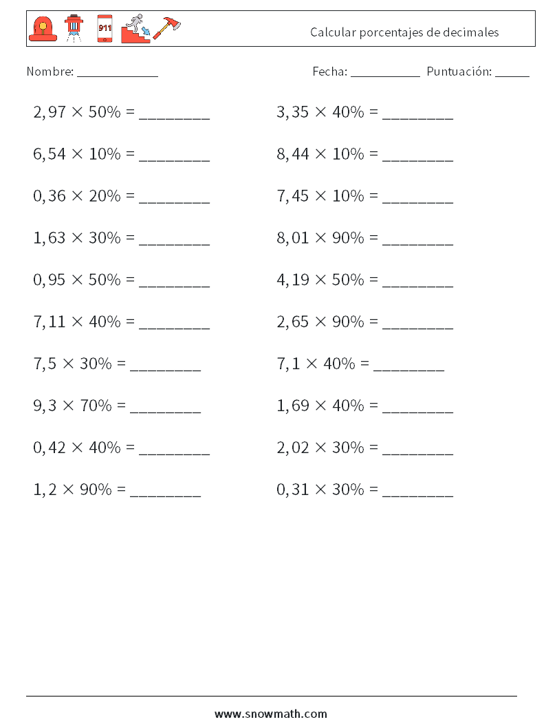 Calcular porcentajes de decimales Hojas de trabajo de matemáticas 5