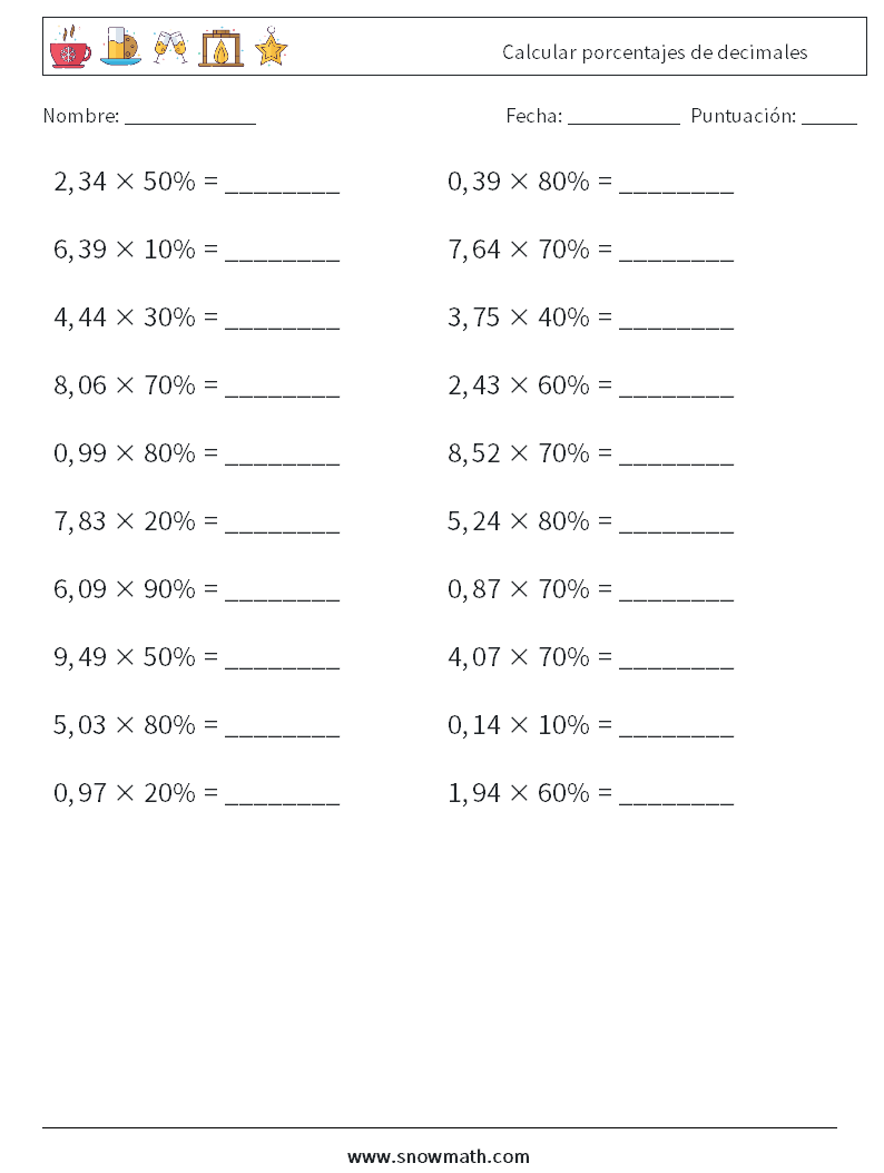 Calcular porcentajes de decimales Hojas de trabajo de matemáticas 6