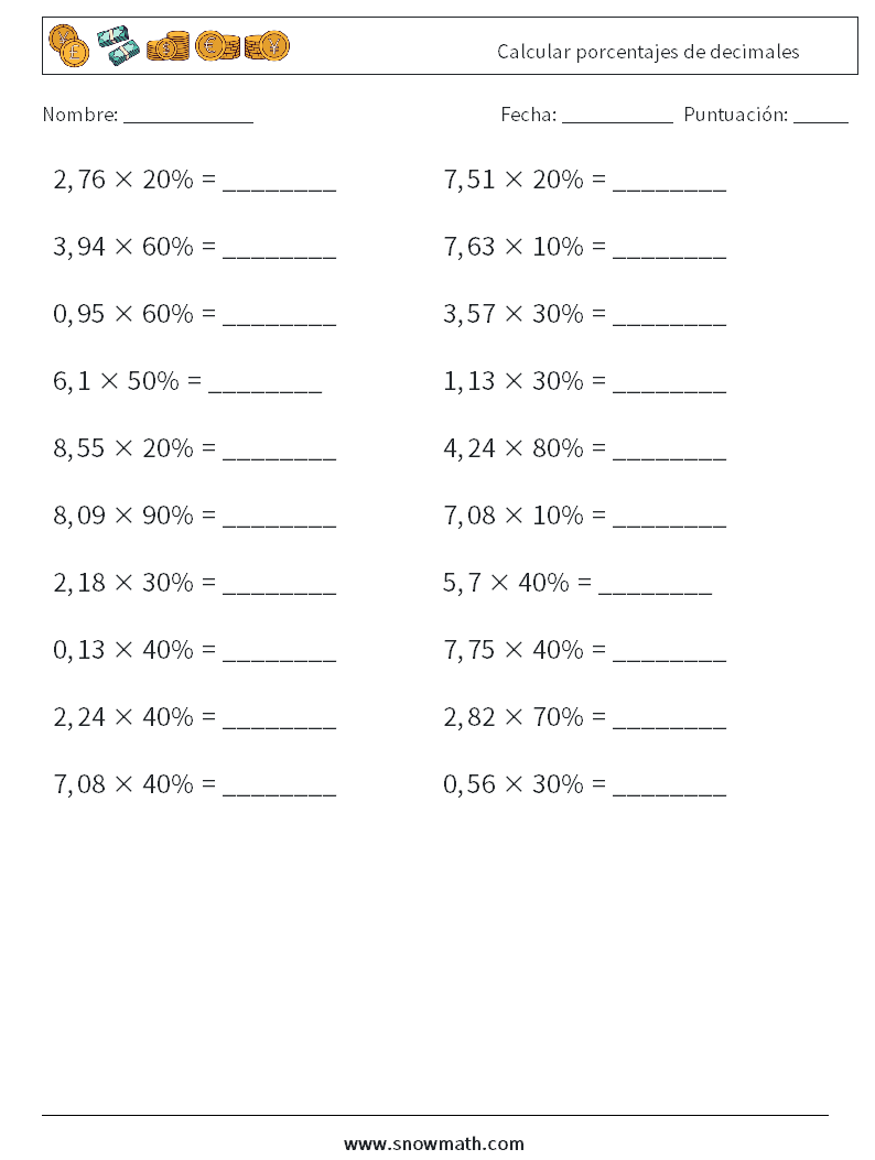 Calcular porcentajes de decimales Hojas de trabajo de matemáticas 8