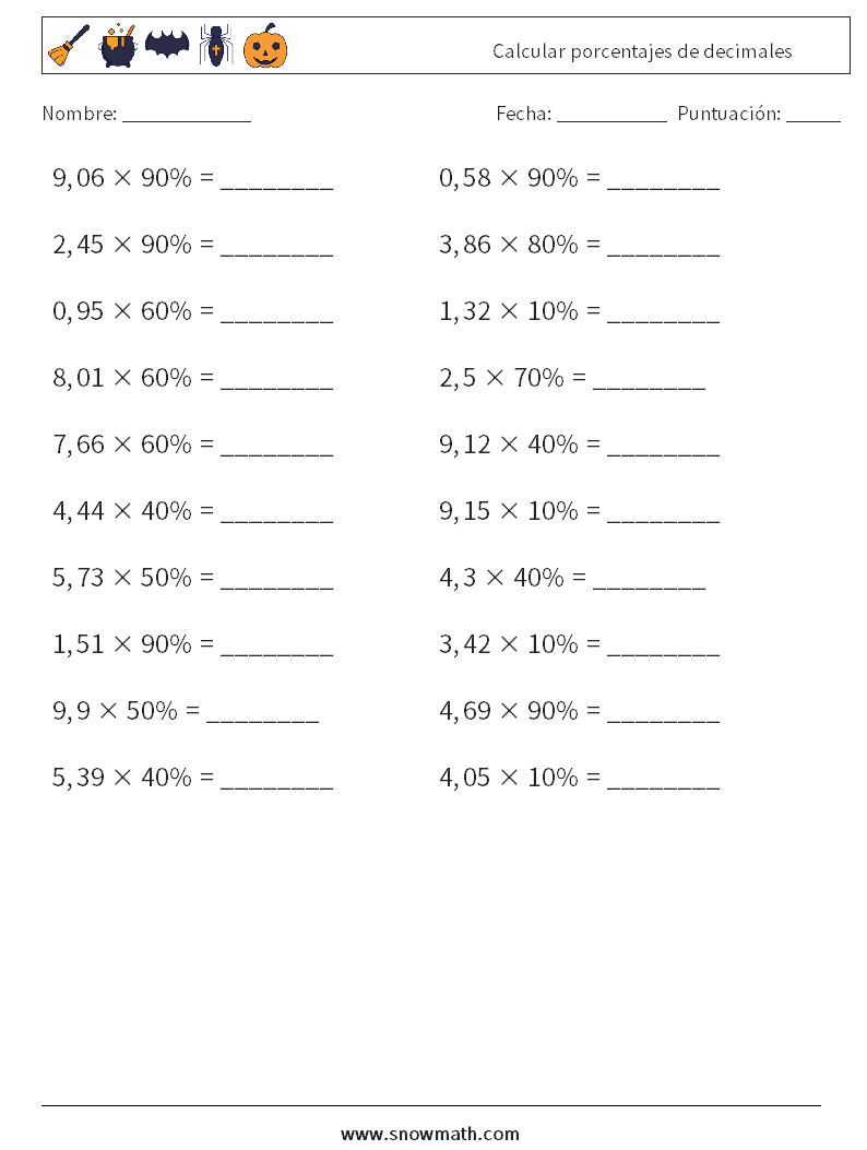 Calcular porcentajes de decimales Hojas de trabajo de matemáticas 9