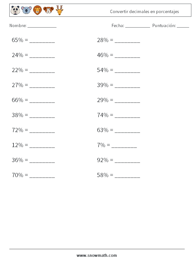 Convertir decimales en porcentajes Hojas de trabajo de matemáticas 6