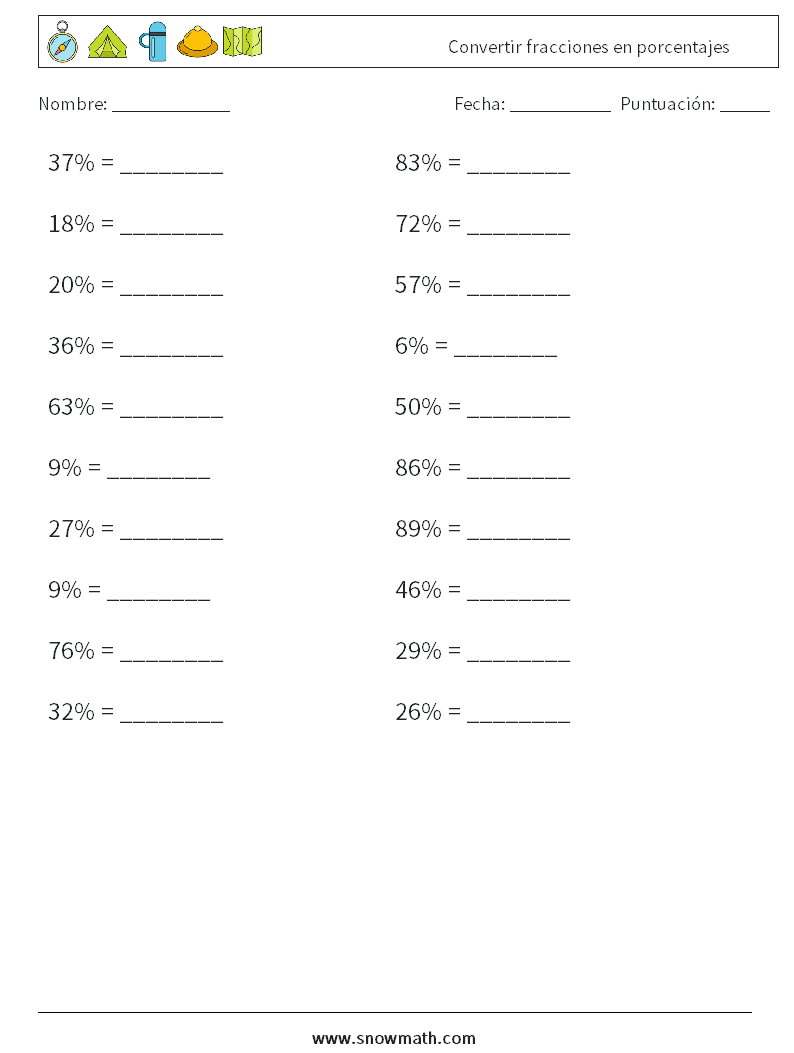 Convertir fracciones en porcentajes Hojas de trabajo de matemáticas 4