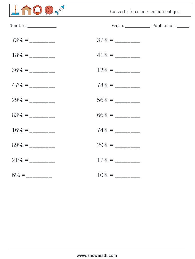 Convertir fracciones en porcentajes Hojas de trabajo de matemáticas 5