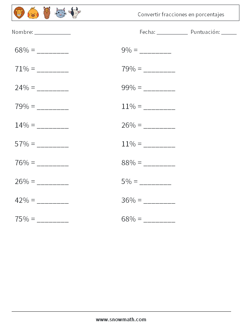 Convertir fracciones en porcentajes Hojas de trabajo de matemáticas 6