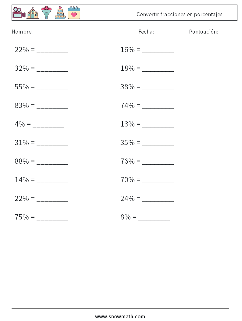 Convertir fracciones en porcentajes Hojas de trabajo de matemáticas 7