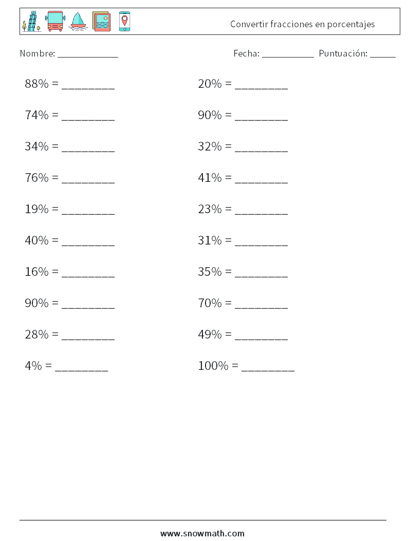 Convertir fracciones en porcentajes Hojas de trabajo de matemáticas 8