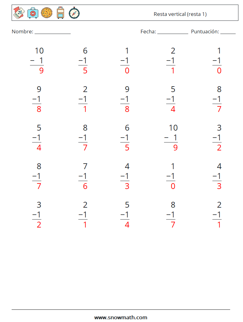 (25) Resta vertical (resta 1) Hojas de trabajo de matemáticas 1 Pregunta, respuesta