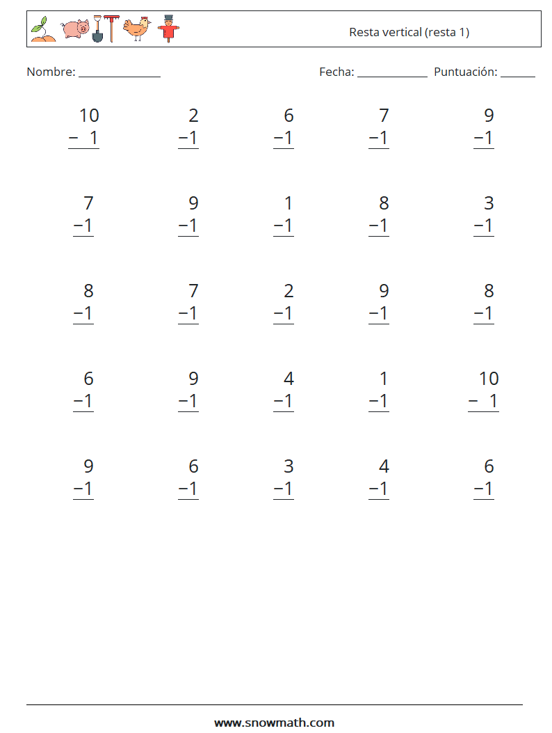 (25) Resta vertical (resta 1) Hojas de trabajo de matemáticas 2