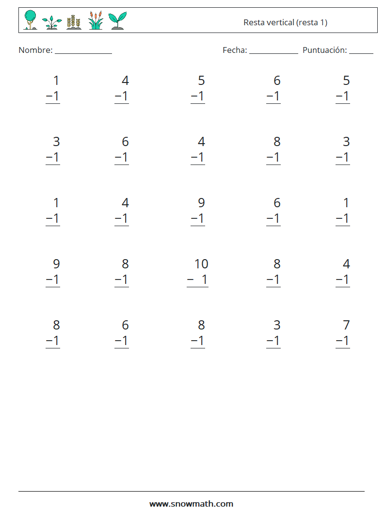 (25) Resta vertical (resta 1) Hojas de trabajo de matemáticas 3