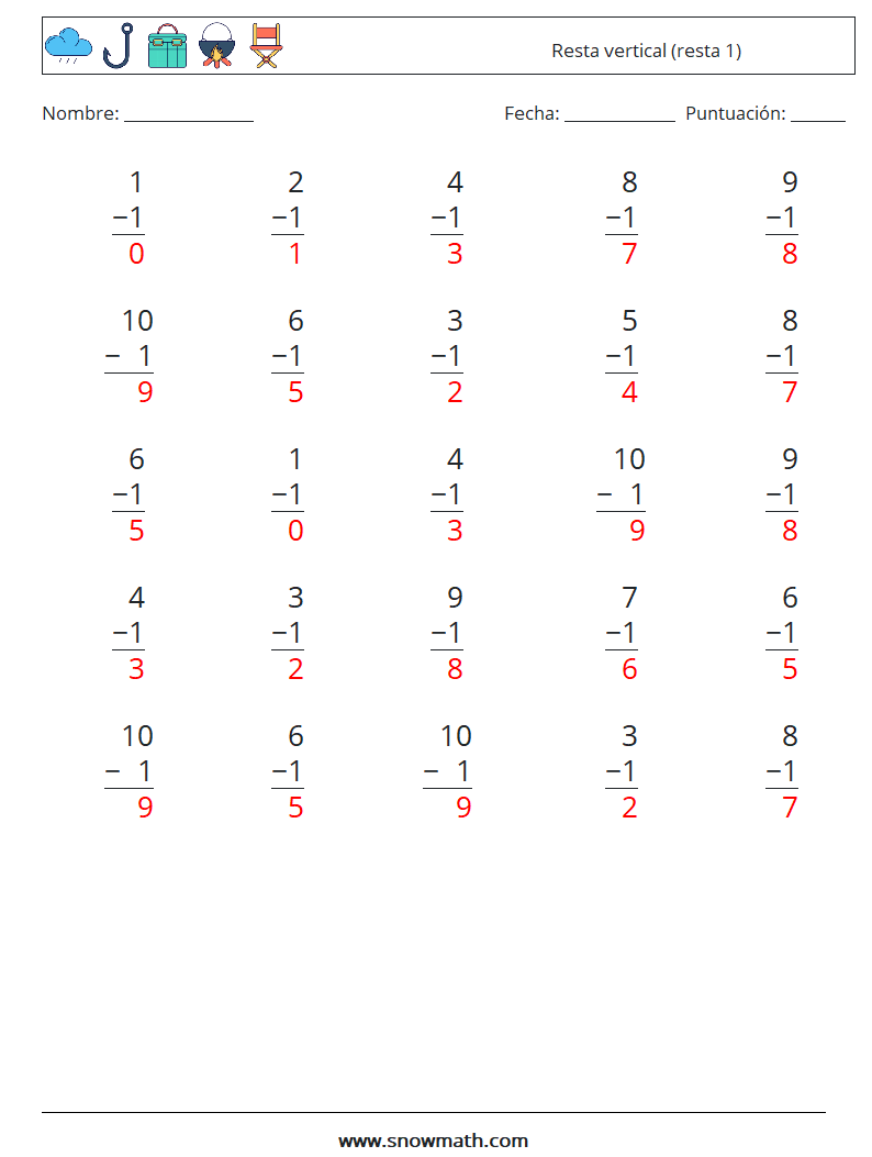 (25) Resta vertical (resta 1) Hojas de trabajo de matemáticas 4 Pregunta, respuesta