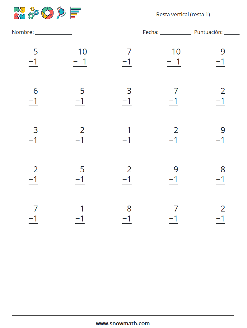 (25) Resta vertical (resta 1) Hojas de trabajo de matemáticas 7