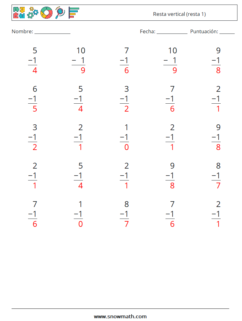 (25) Resta vertical (resta 1) Hojas de trabajo de matemáticas 7 Pregunta, respuesta