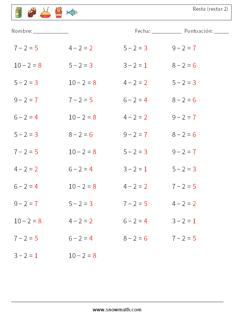 (50) Resta (restar 2) Hojas de trabajo de matemáticas 2 Pregunta, respuesta