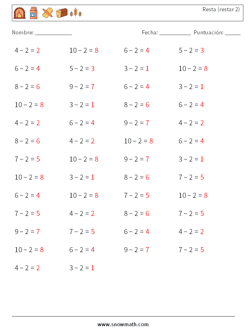 (50) Resta (restar 2) Hojas de trabajo de matemáticas 5 Pregunta, respuesta