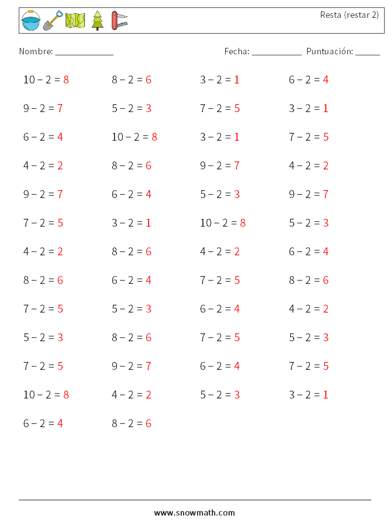 (50) Resta (restar 2) Hojas de trabajo de matemáticas 6 Pregunta, respuesta
