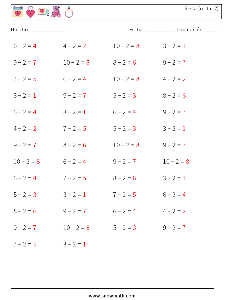 (50) Resta (restar 2) Hojas de trabajo de matemáticas 9 Pregunta, respuesta