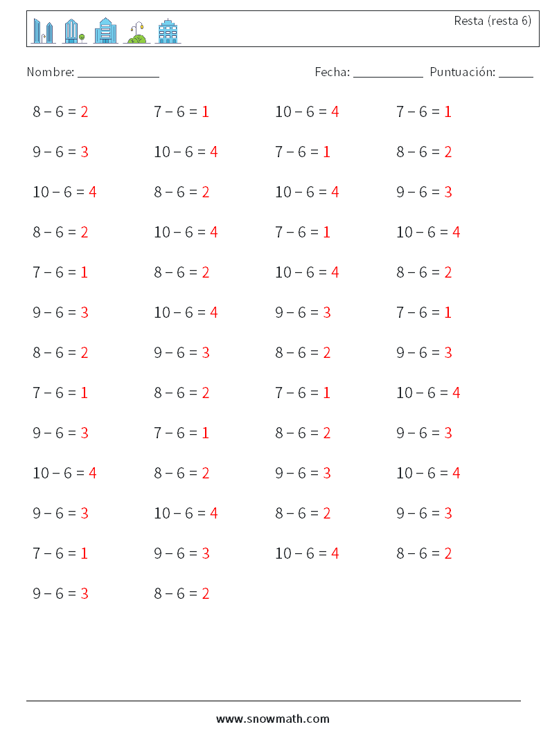 (50) Resta (resta 6) Hojas de trabajo de matemáticas 1 Pregunta, respuesta