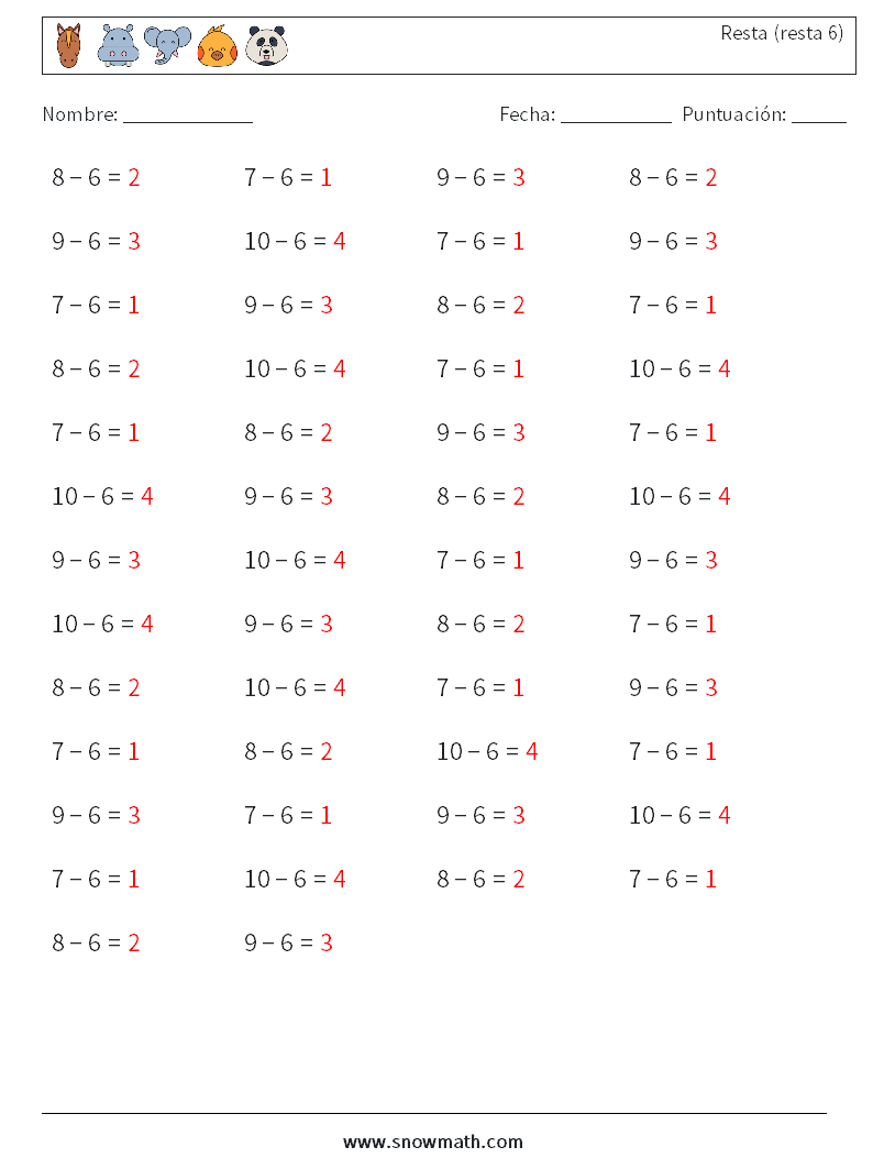 (50) Resta (resta 6) Hojas de trabajo de matemáticas 2 Pregunta, respuesta