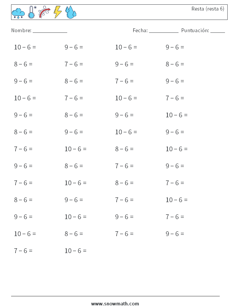 (50) Resta (resta 6) Hojas de trabajo de matemáticas 3