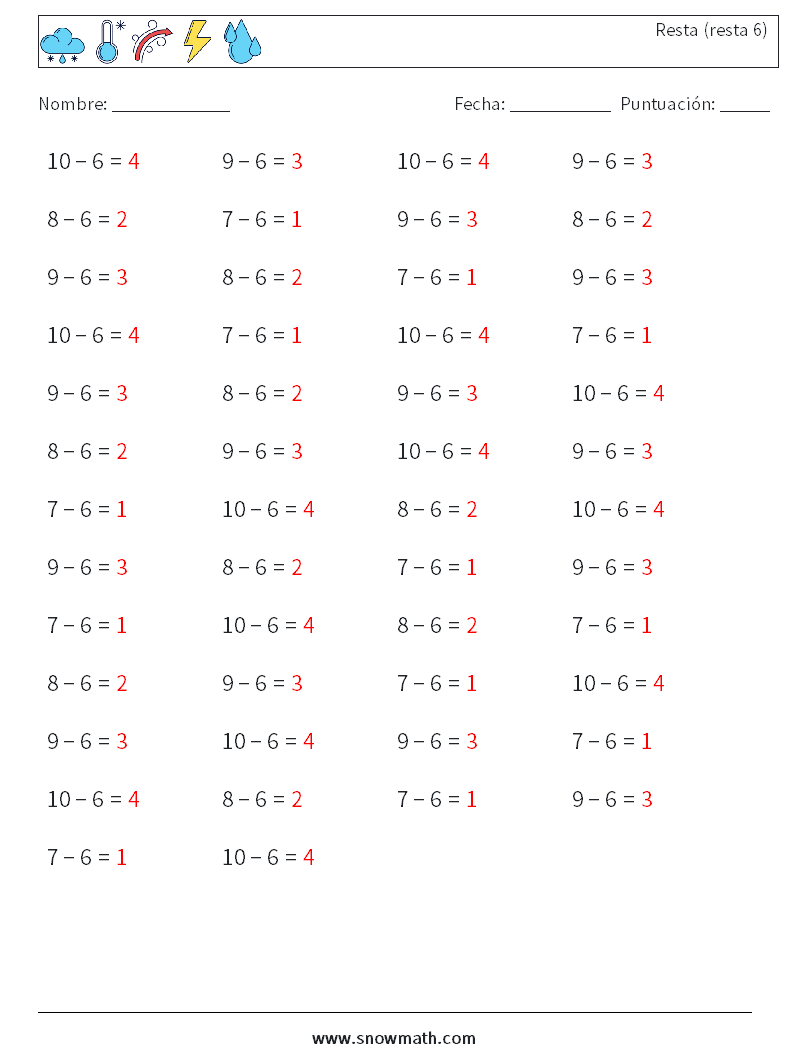 (50) Resta (resta 6) Hojas de trabajo de matemáticas 3 Pregunta, respuesta