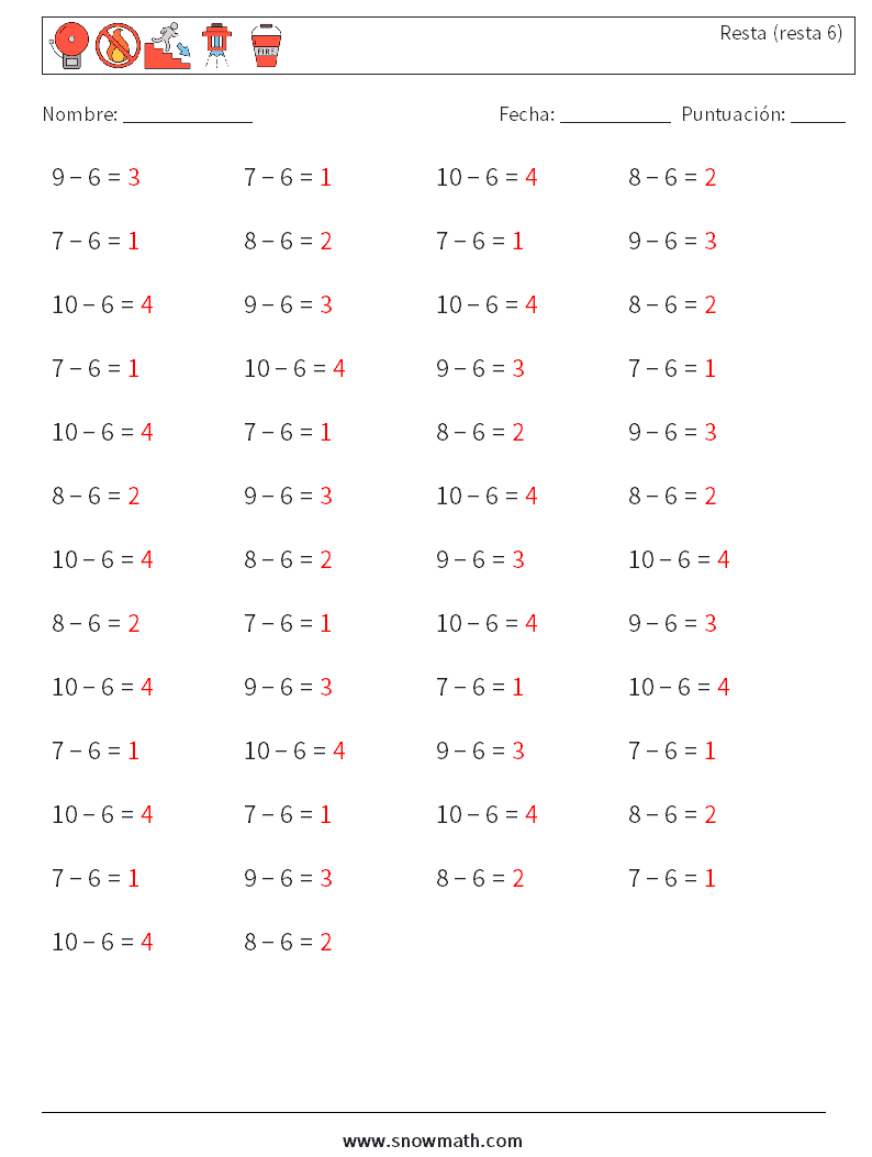 (50) Resta (resta 6) Hojas de trabajo de matemáticas 4 Pregunta, respuesta