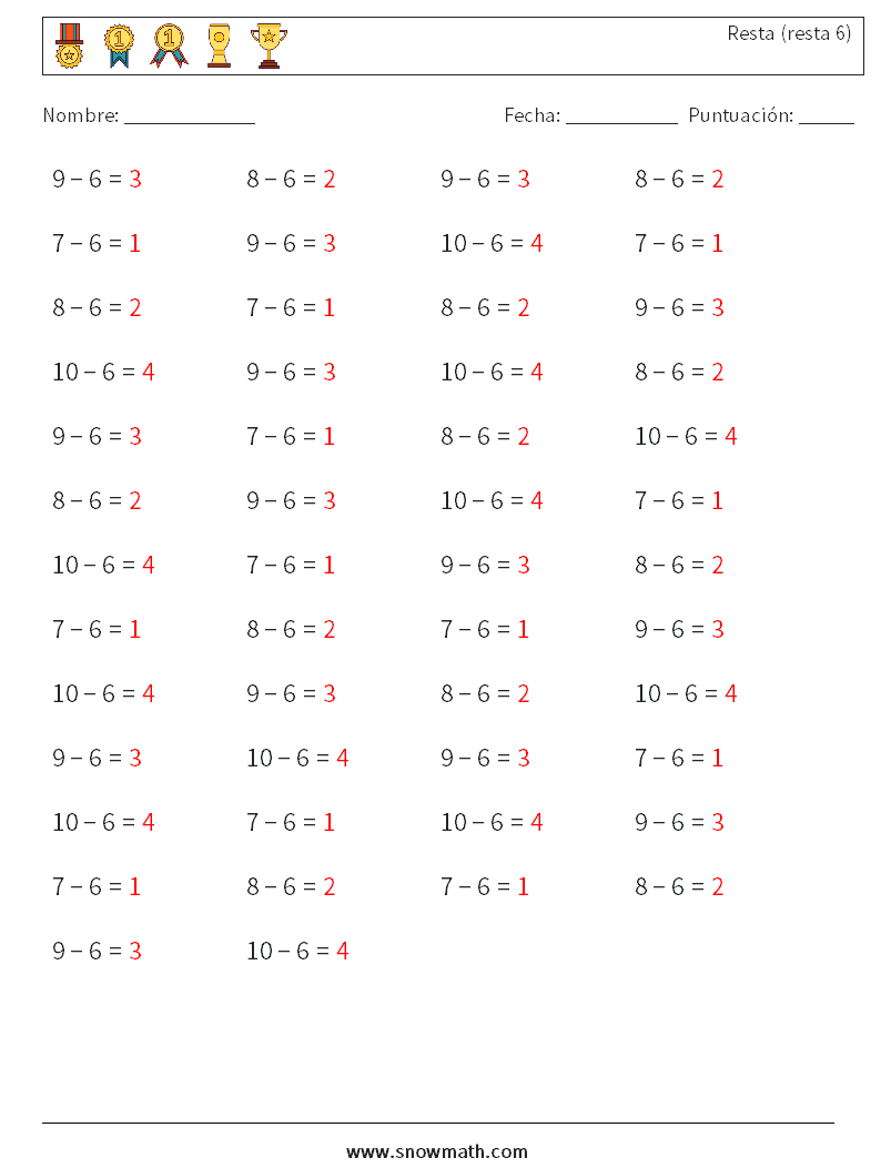 (50) Resta (resta 6) Hojas de trabajo de matemáticas 5 Pregunta, respuesta