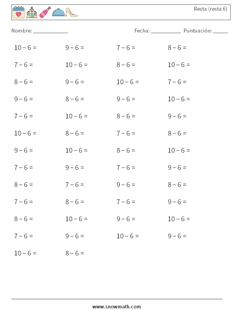 (50) Resta (resta 6) Hojas de trabajo de matemáticas 6