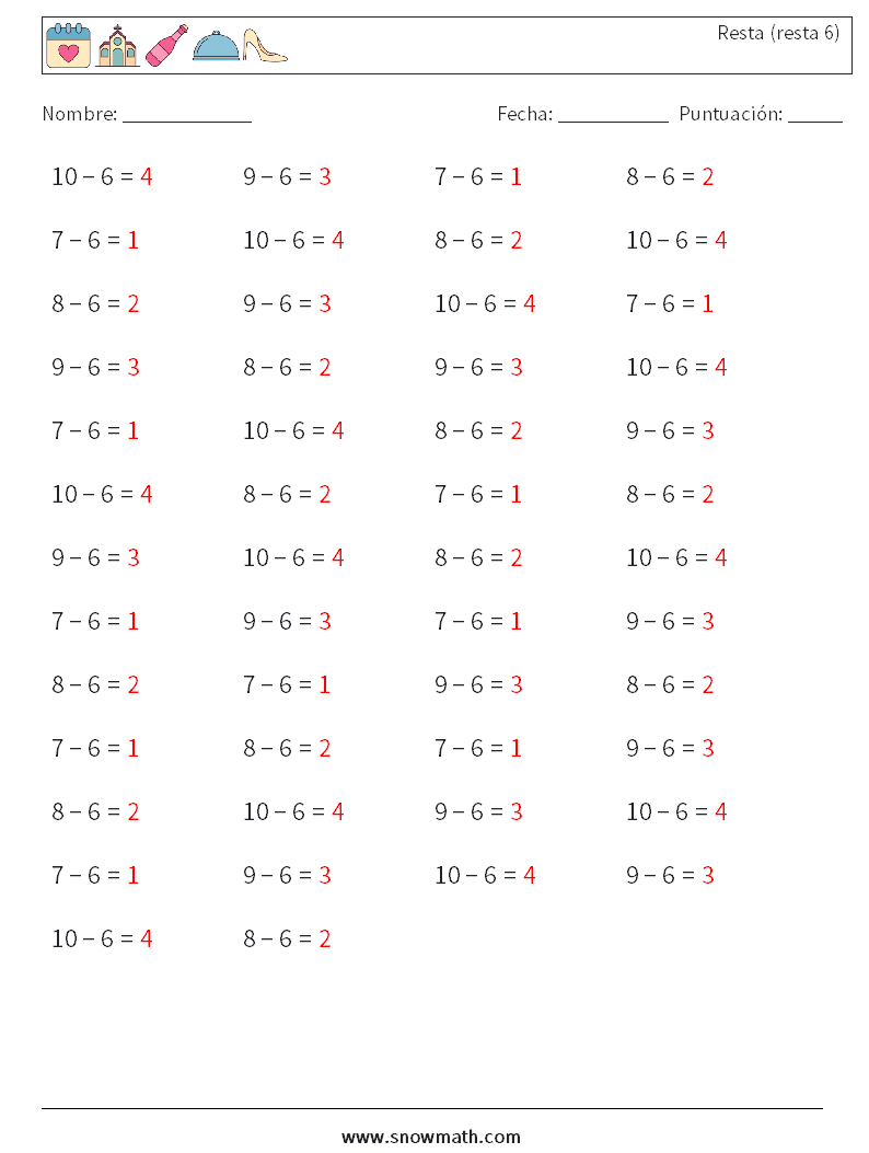 (50) Resta (resta 6) Hojas de trabajo de matemáticas 6 Pregunta, respuesta