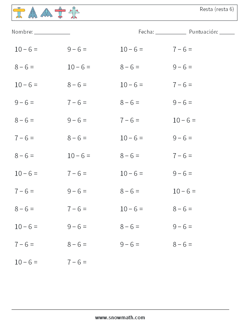(50) Resta (resta 6) Hojas de trabajo de matemáticas 7
