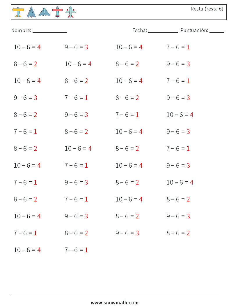 (50) Resta (resta 6) Hojas de trabajo de matemáticas 7 Pregunta, respuesta