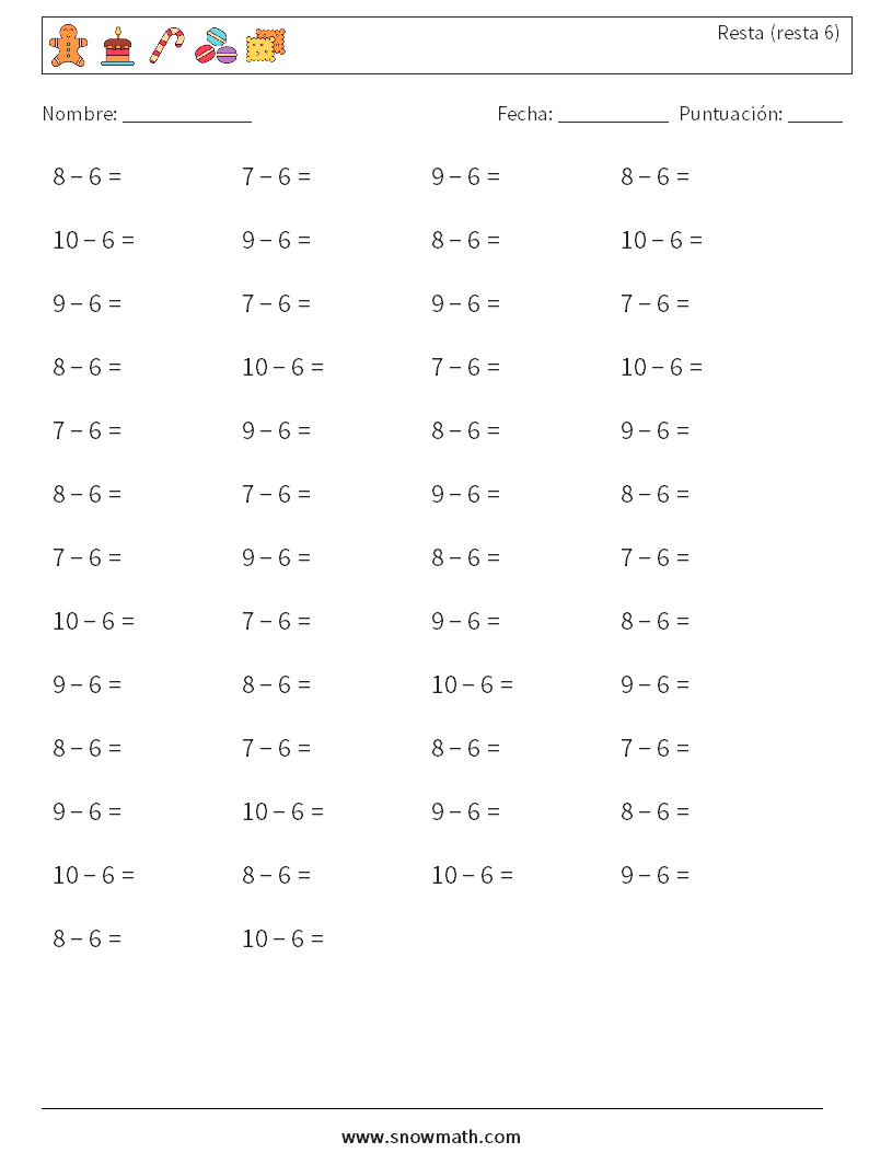 (50) Resta (resta 6) Hojas de trabajo de matemáticas 9