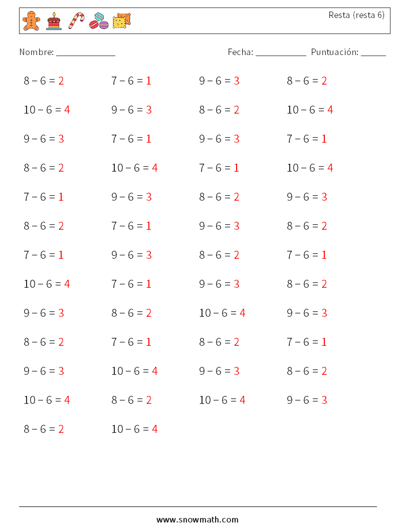(50) Resta (resta 6) Hojas de trabajo de matemáticas 9 Pregunta, respuesta