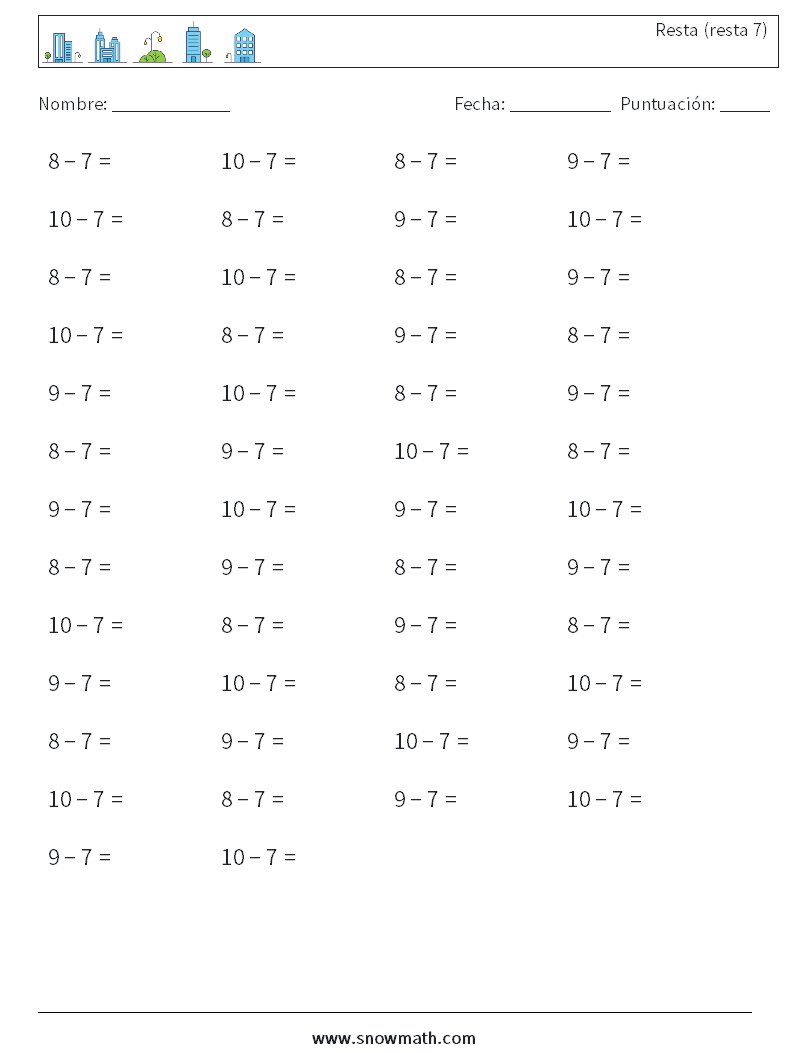 (50) Resta (resta 7) Hojas de trabajo de matemáticas 6