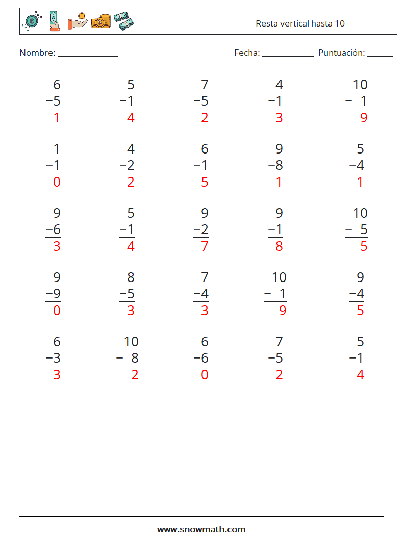 (25) Resta vertical hasta 10 Hojas de trabajo de matemáticas 3 Pregunta, respuesta
