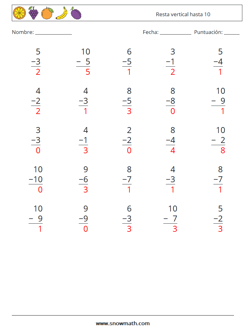 (25) Resta vertical hasta 10 Hojas de trabajo de matemáticas 8 Pregunta, respuesta