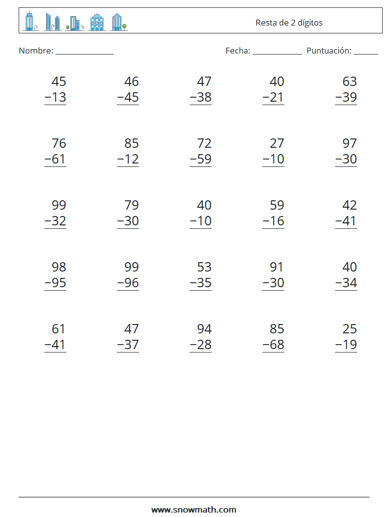 (25) resta de 2 dígitos Hojas de trabajo de matemáticas, práctica de ...