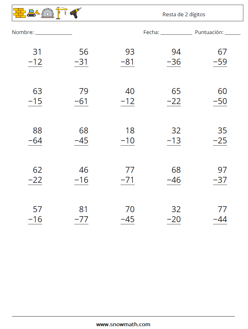 (25) resta de 2 dígitos Hojas de trabajo de matemáticas 17Hojas de ...