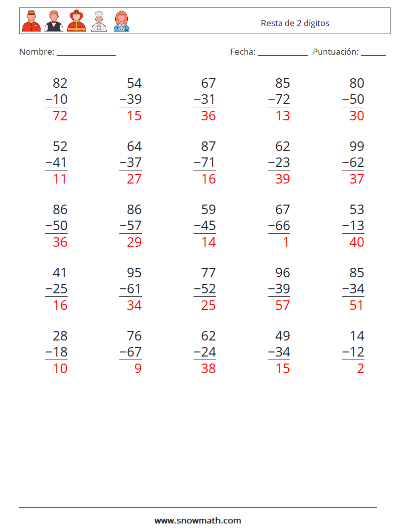 (25) Resta de 2 dígitos Hojas de trabajo de matemáticas 18 Pregunta, respuesta