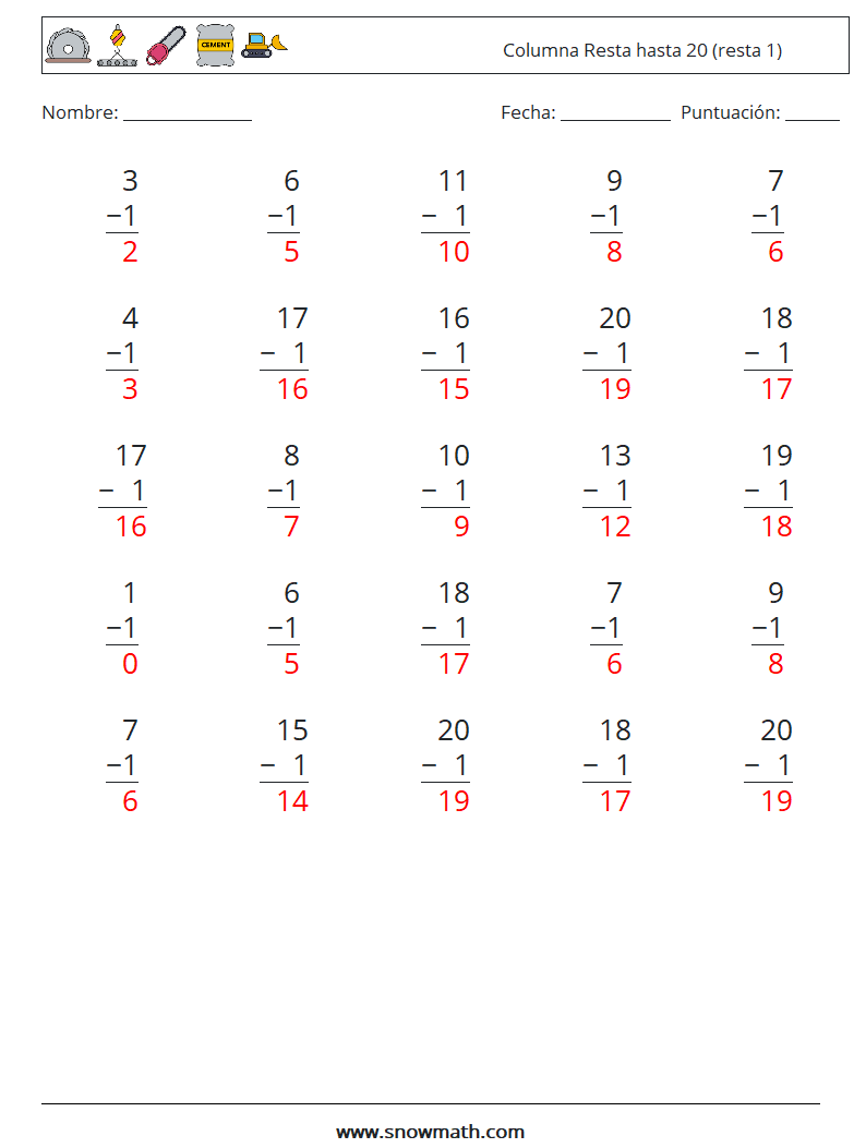 (25) Columna Resta hasta 20 (resta 1) Hojas de trabajo de matemáticas 17 Pregunta, respuesta