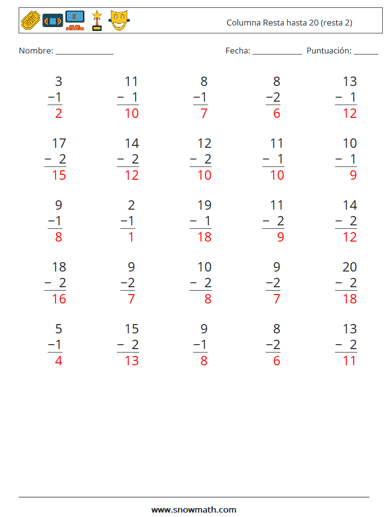 (25) Columna Resta hasta 20 (resta 2) Hojas de trabajo de matemáticas 12 Pregunta, respuesta