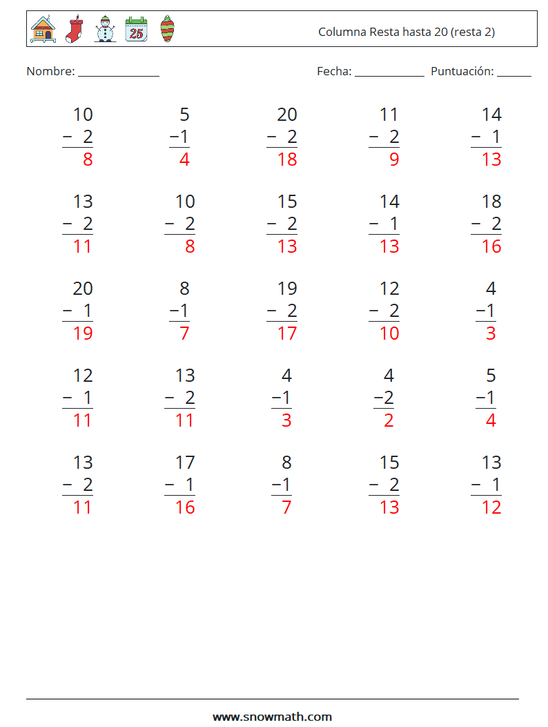 (25) Columna Resta hasta 20 (resta 2) Hojas de trabajo de matemáticas 16 Pregunta, respuesta
