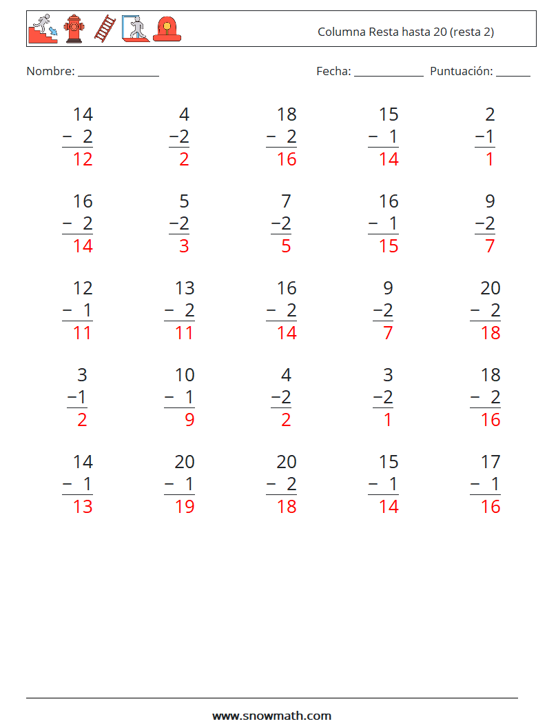 (25) Columna Resta hasta 20 (resta 2) Hojas de trabajo de matemáticas 18 Pregunta, respuesta