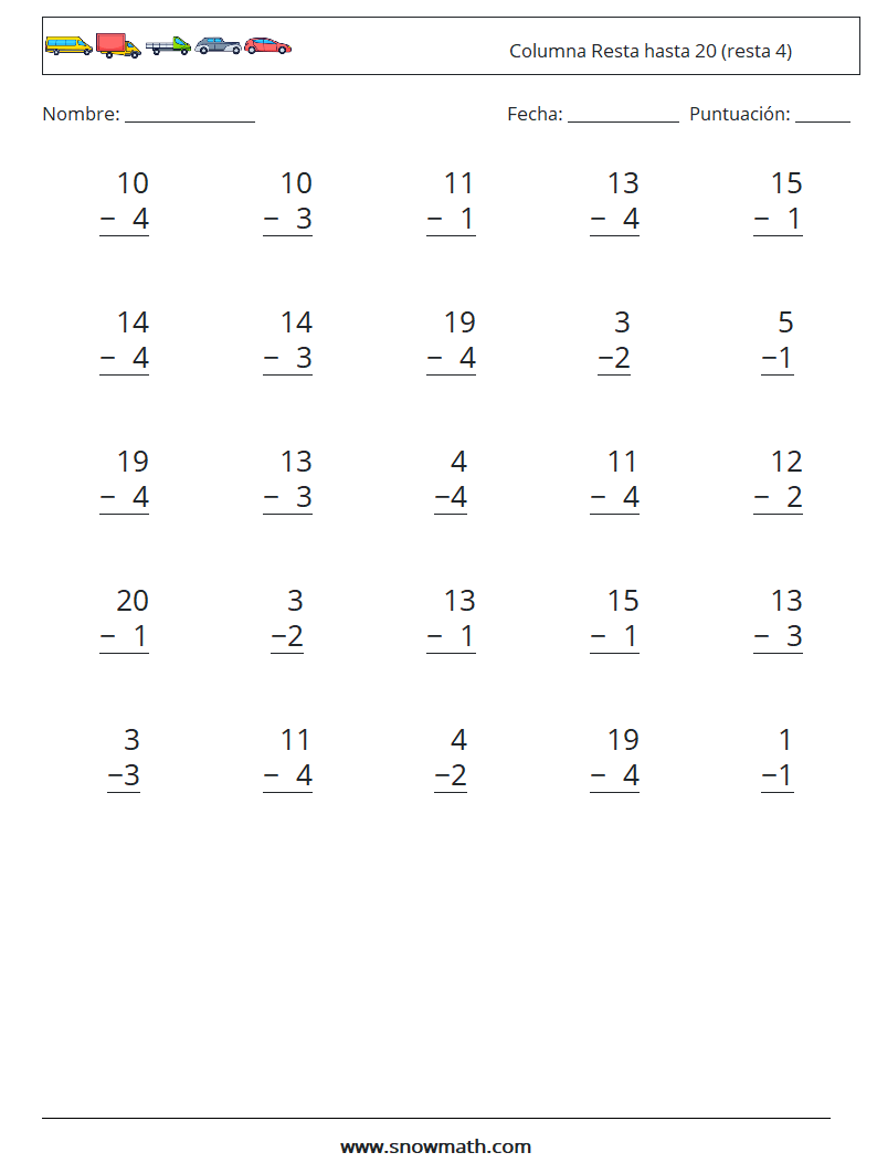 (25) Columna Resta hasta 20 (resta 4) Hojas de trabajo de matemáticas 10