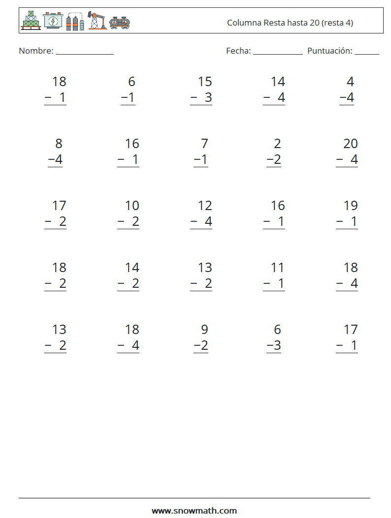 (25) Columna Resta hasta 20 (resta 4) Hojas de trabajo de matemáticas 11