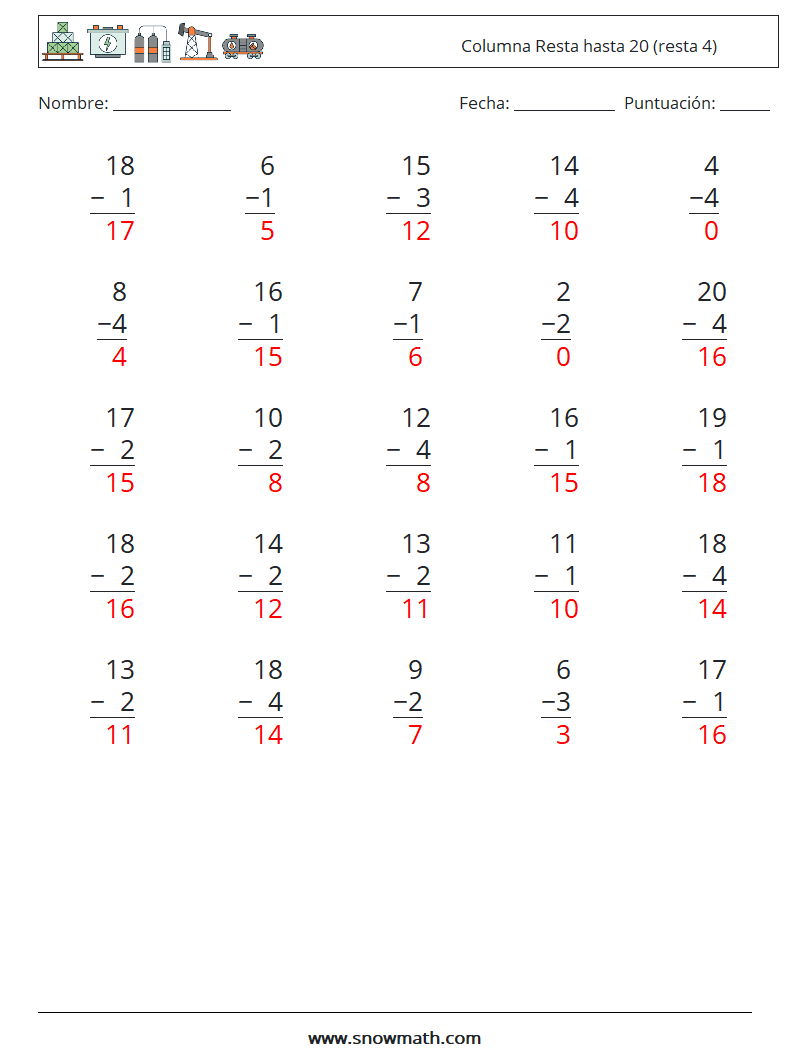 (25) Columna Resta hasta 20 (resta 4) Hojas de trabajo de matemáticas 11 Pregunta, respuesta